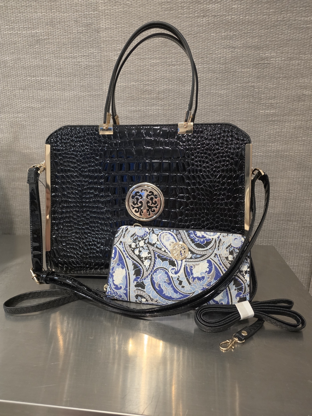 NWOT Dasein Black Crocodile Satchel Bag & Paisley Wallet Set